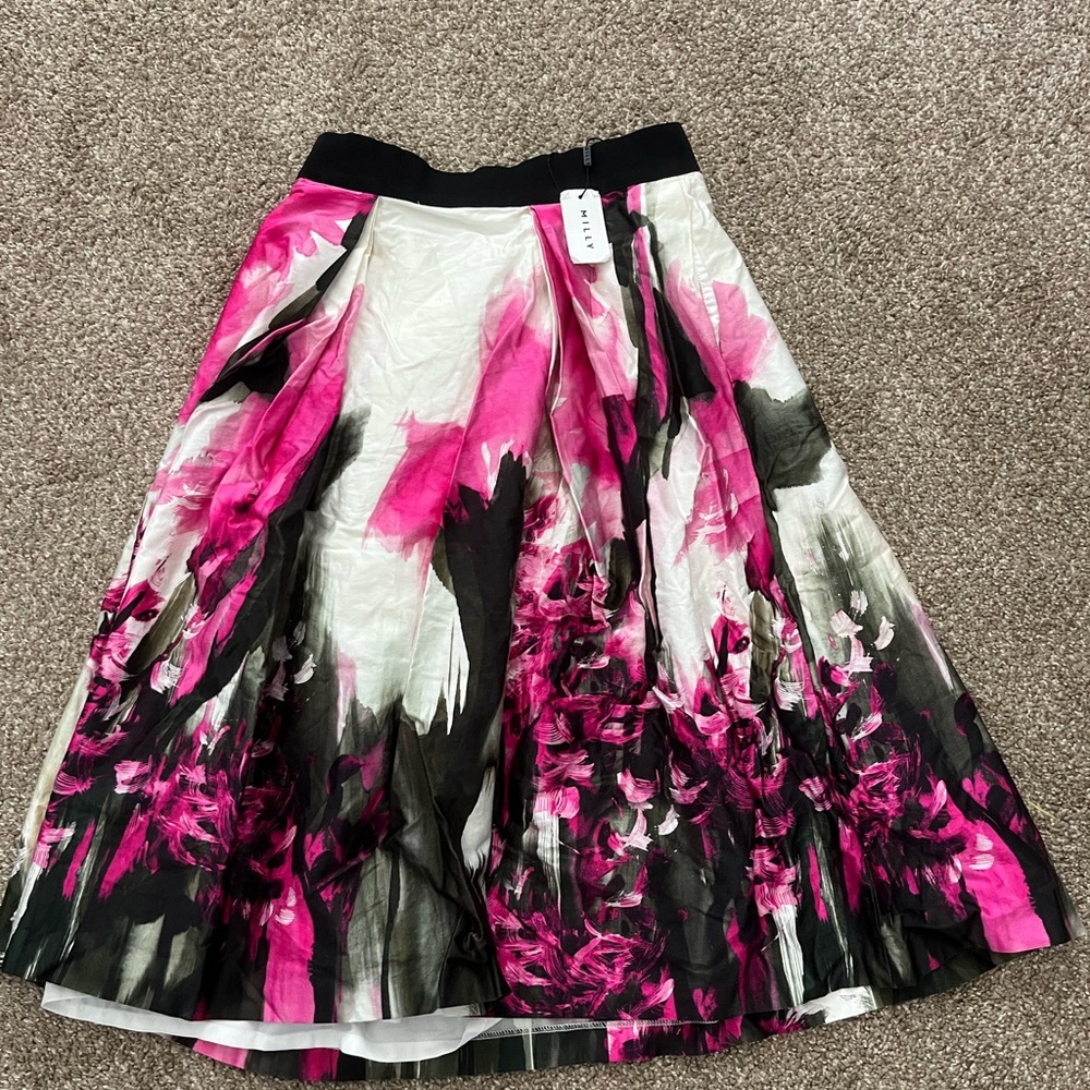 Milly Pink and Black Pleated Midi Skirt